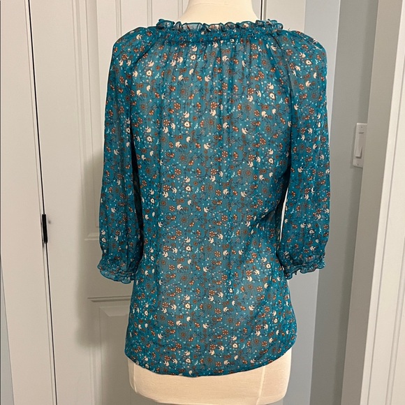 Old Navy Teal Floral Lace-Up Peasant Blouse - Picture 2 of 3